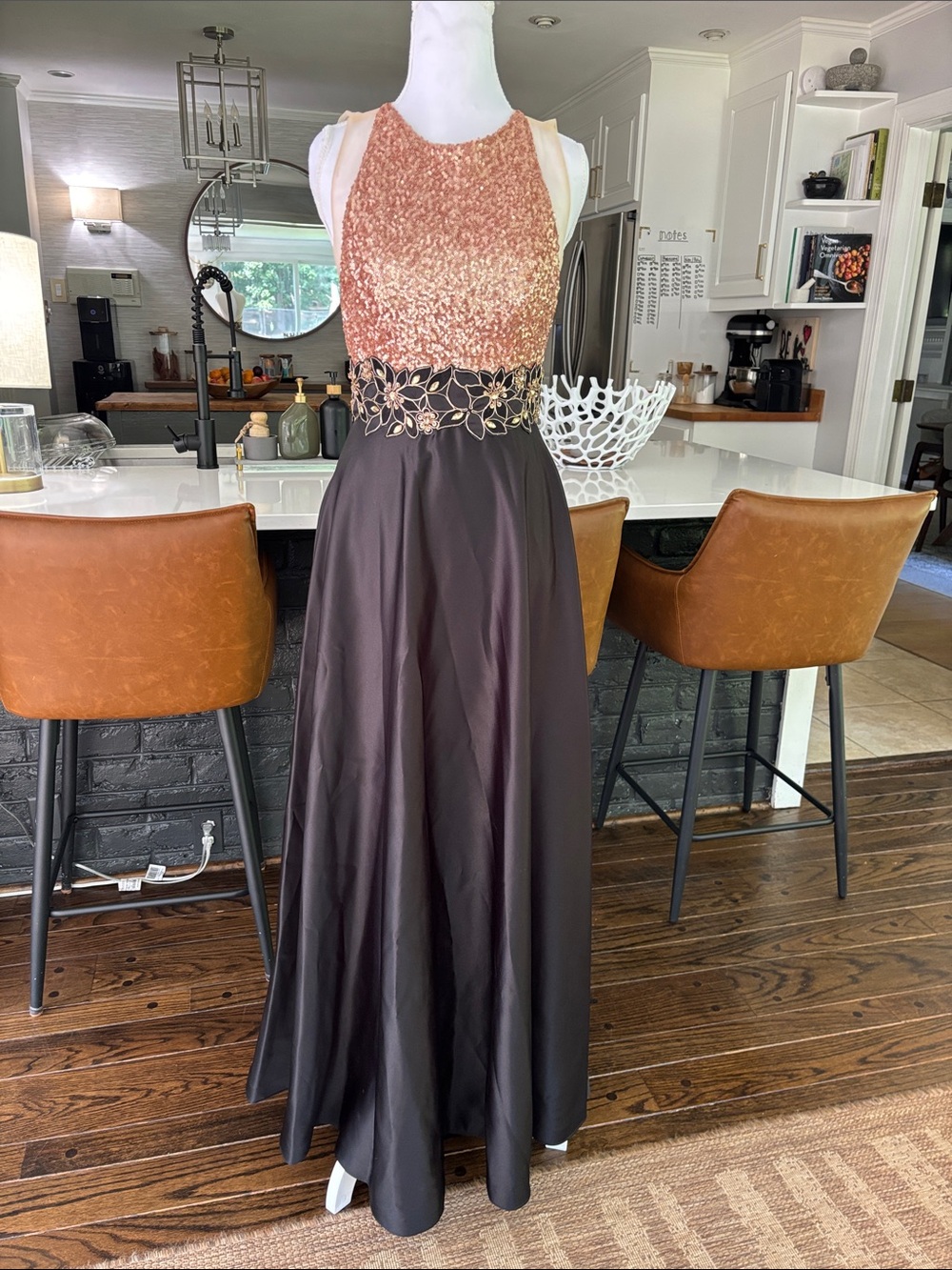 Ed Young Black and Gold Floral Gown Dress